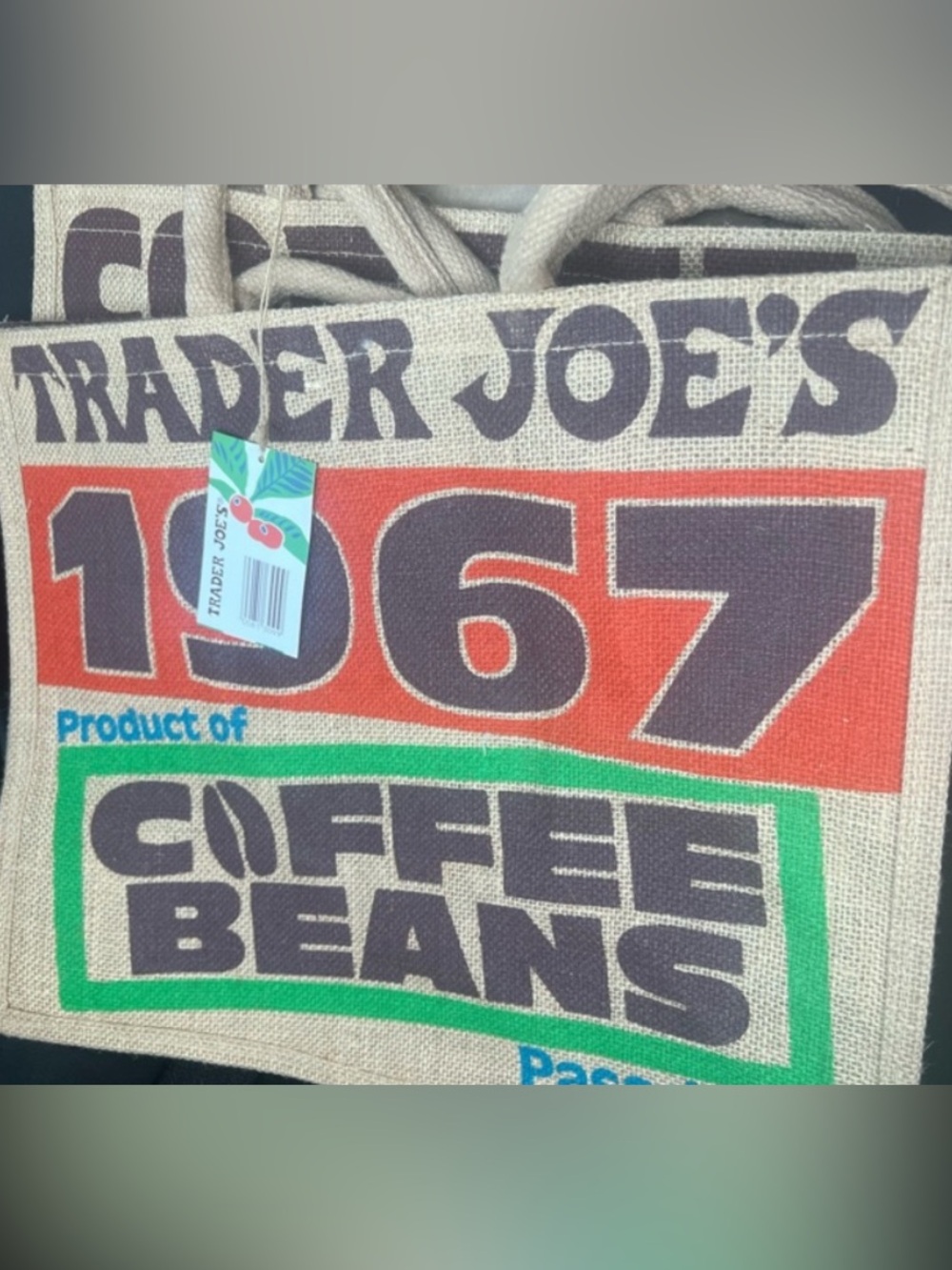 Trader Joe's Burlap Coffee Sack Tote with Bold Graphics